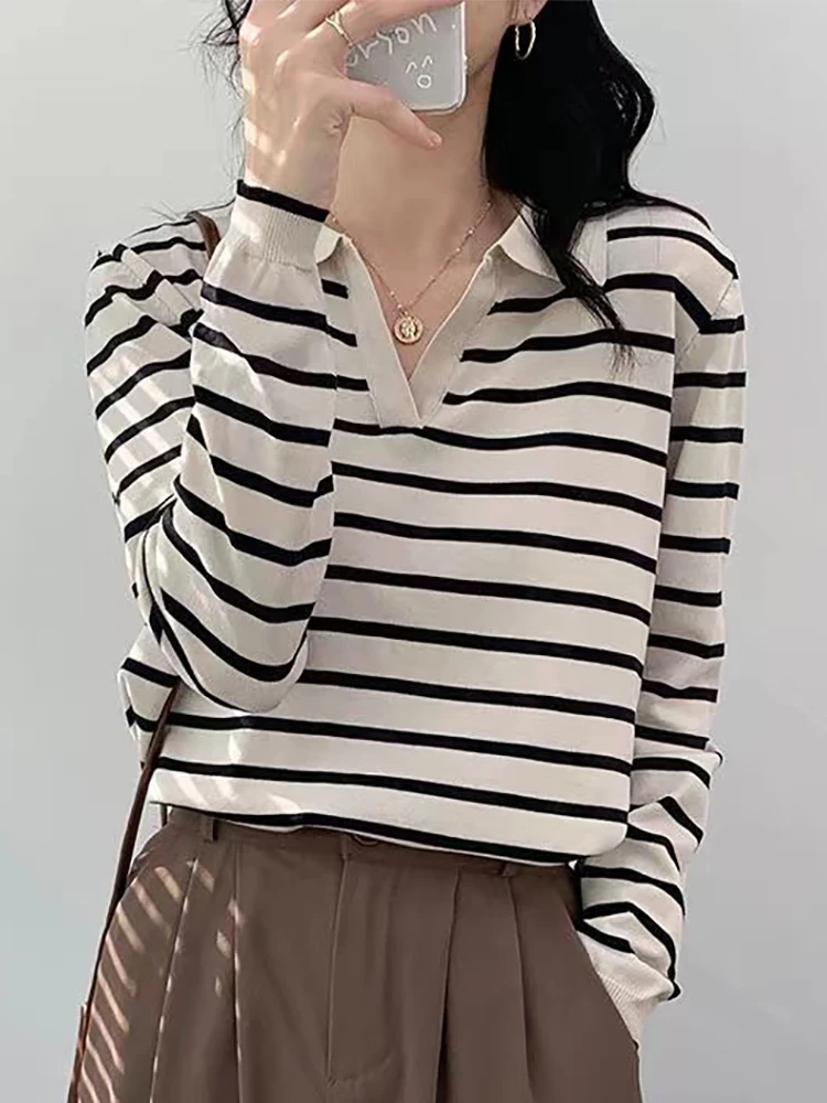 Sweater Women Pullover Striped Knitted Polo Neck Casual Long Sleeve Top Knit Pull Femme Pullovers Autumn Winer Ladies CLothes