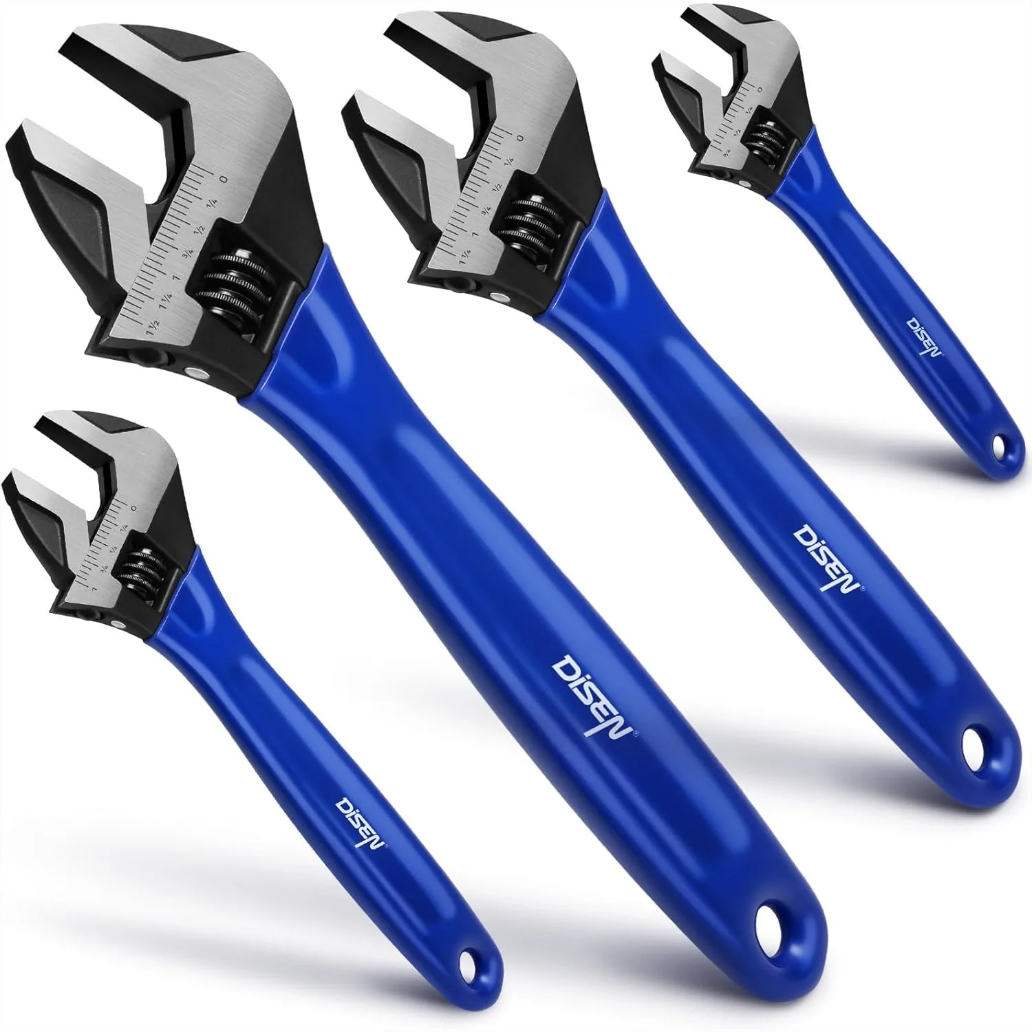 

Adjustable Wrench Set of 4 with Cushion Grip, Black Oxide Finish, Laser-etched Scales for Precision Work in Garage