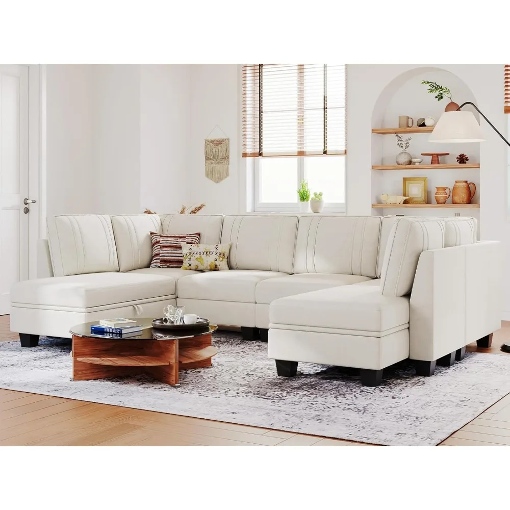 Sectional Couch with Storage Ottoman, U Shaped Sectional Sofa Couch, Convertible U-Shape Sectional Couch for Living Room, Beige