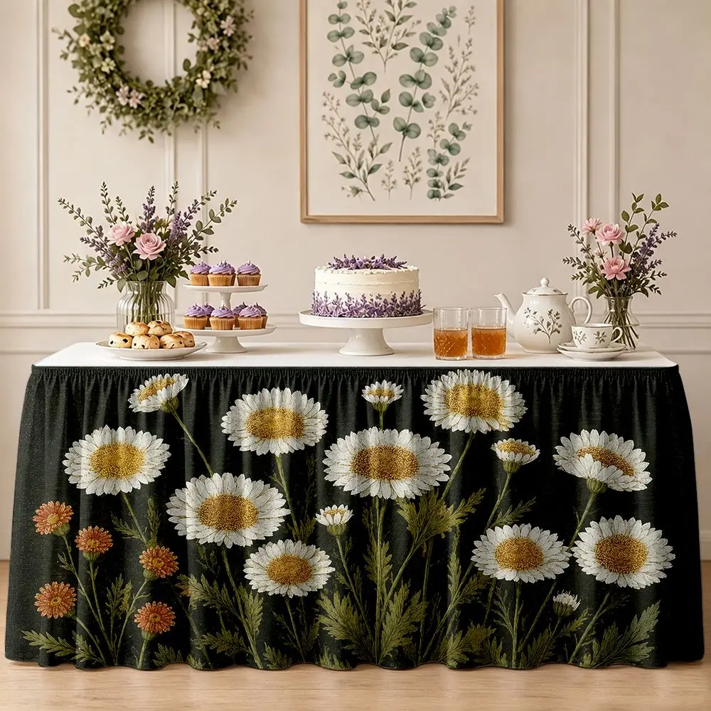 One-piece table skirt decoration in white and orange daisy floral pattern with ruffled edges
