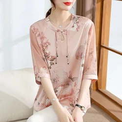 Women Button Summer Short Sleeved Silk Blouse Women's Elegant Loose Top Flower Retro Print New T-shirt Plus Size Shirt Tops