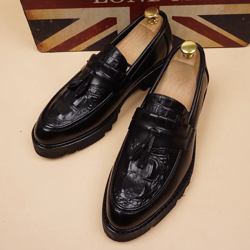 

men fashion party nightclub dress original leather tassels shoes slip-on driving shoe crocodile pattern platform loafers sneaker