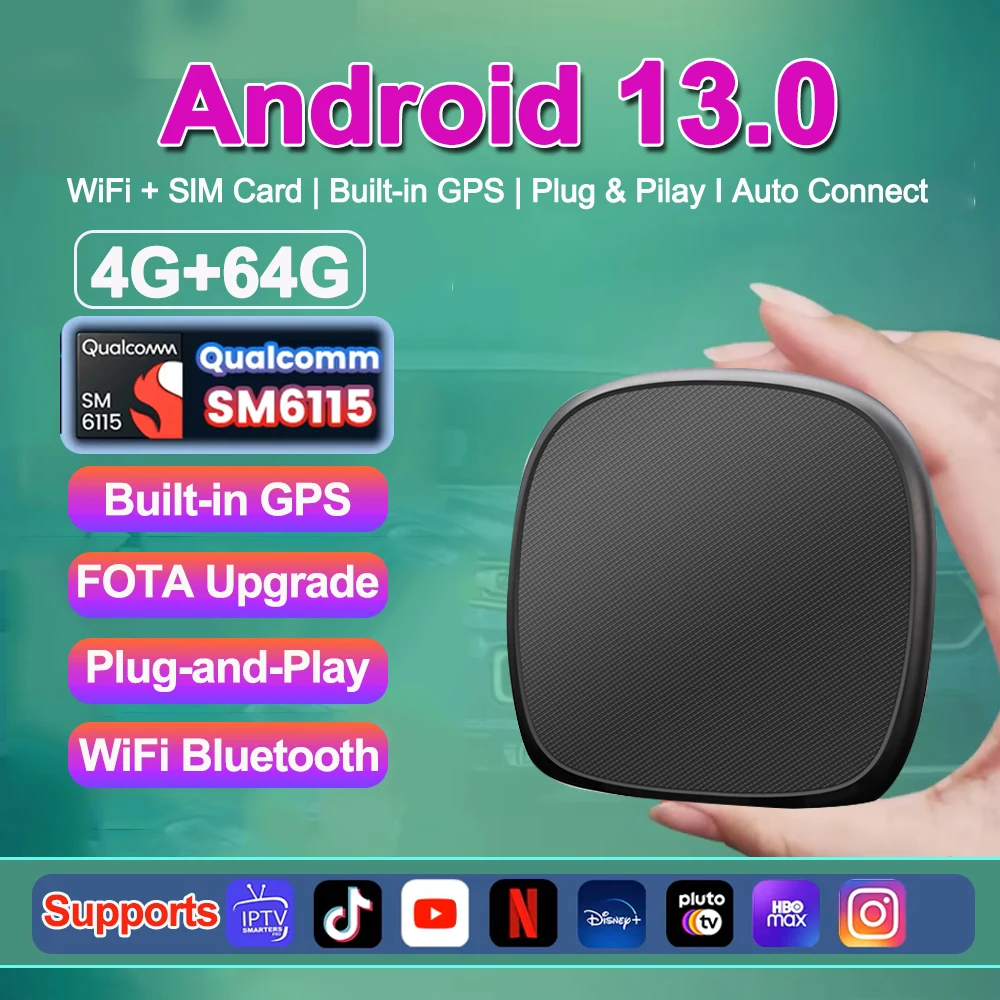 Wireless Carplay  Android 13 Ai Box  For Volvo Ford Benz VW Audi Toyota QCM 6115 WiFi 4g LTE GPS Built-in For Netflix IPTV