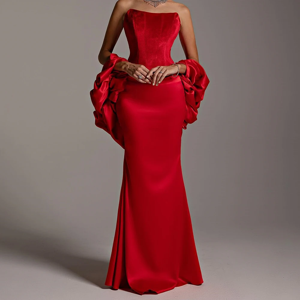 

Customized Modern Satin Mermaid Detachable Sleeve Evening Dress Strapless Floor Length Zipper Back Sweep Train Red Delicate