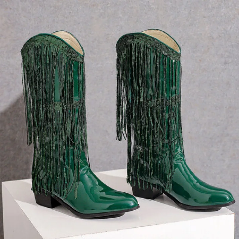 Boot Strap Tassels Fringe couro envernizado botas longas para mulheres, salto alto robusto, New Rock Goth, 2024