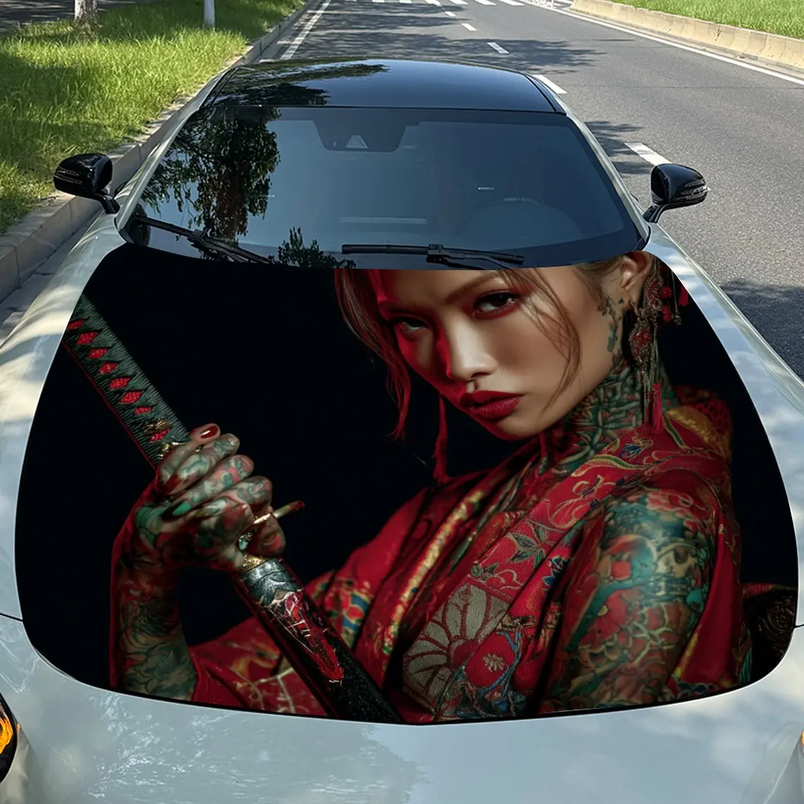 Japanese Style Female Warrior Self-Adhesive Vinyl Car Wrap - Waterproof Scratch-Resistant Decal For Cars, SUVs,Durable Exterior