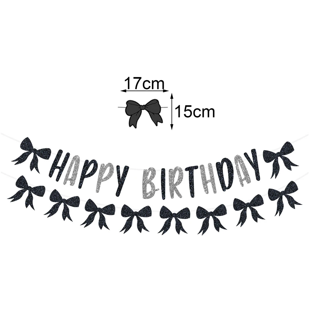 Zwarte Strik Thema Banner Hangende Spiraal Boog Patroon Cake Topper Meisjes Verjaardagsfeestje Scène Decoratie Benodigdheden Geschenken