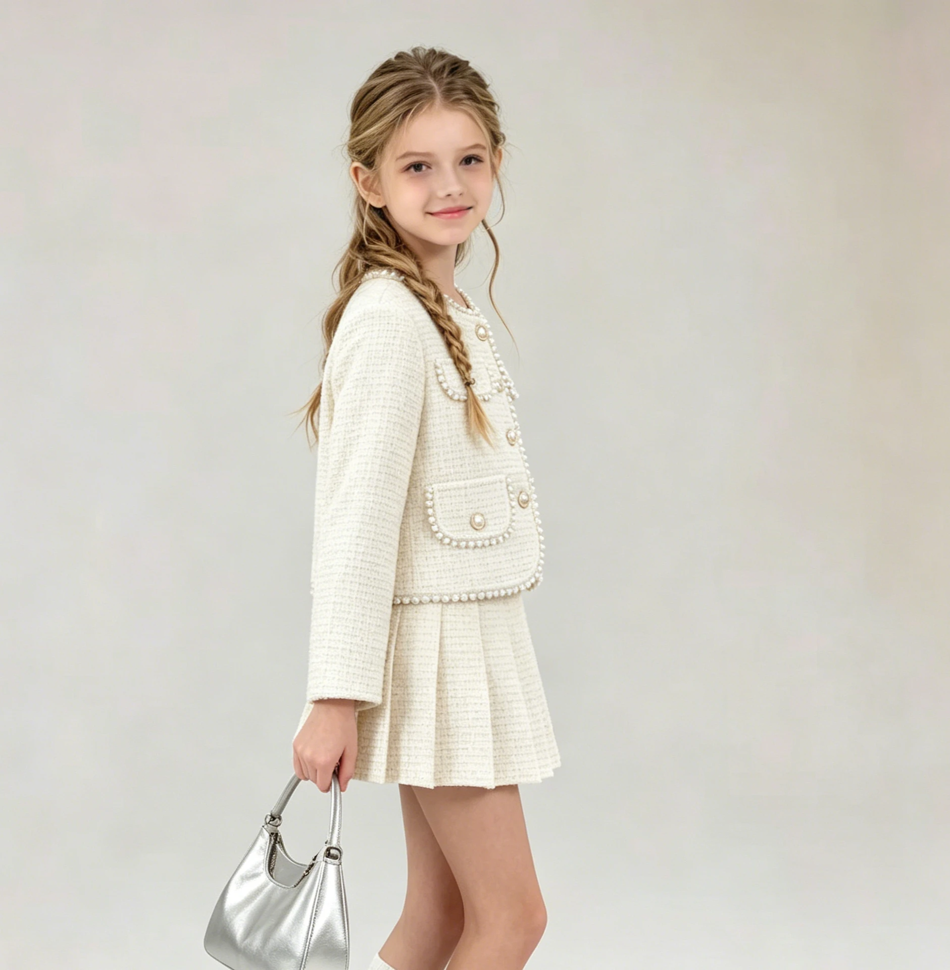 Girls Little Fragrant Style Coat Set Autumn Winter 2026 New Girls High End Temperament Skirt Two Piece Set