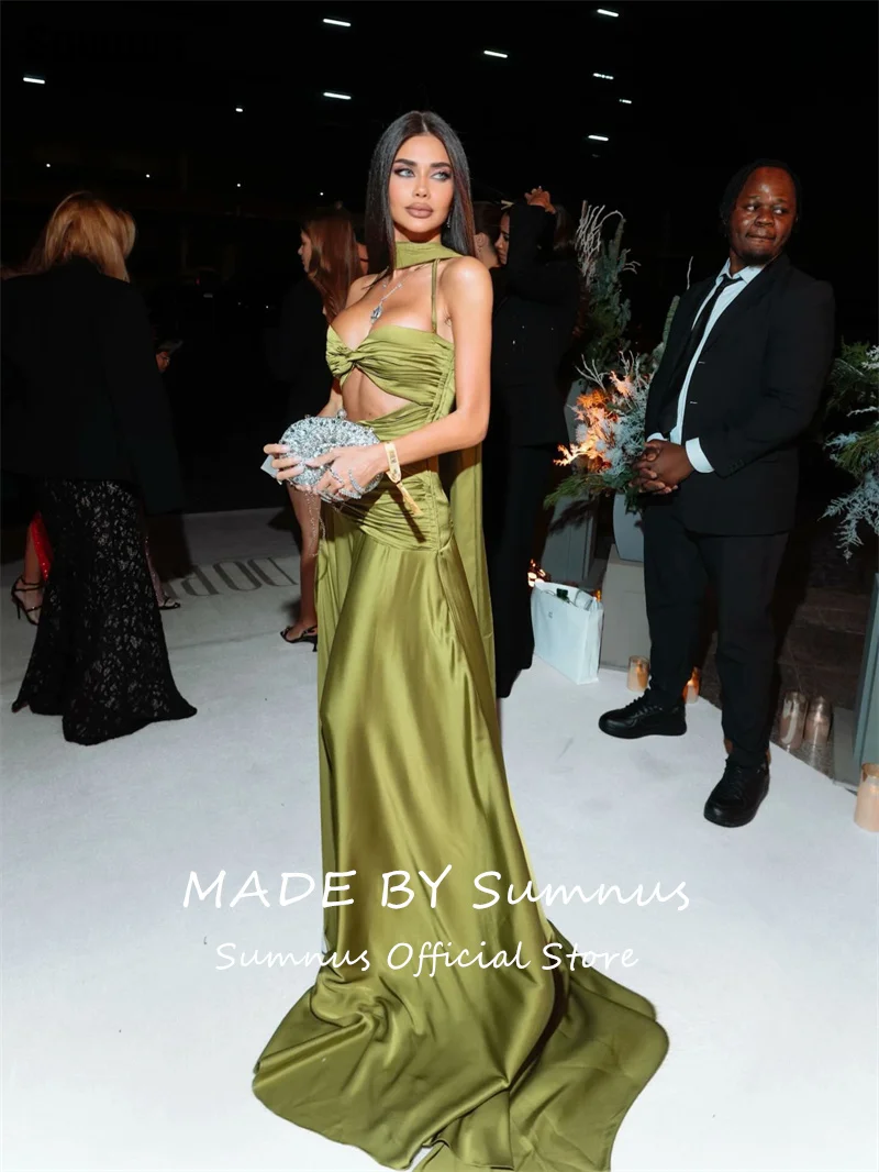 Sumnus elegante a-lijn galajurken olijfgroen uitgesneden mouwloze plooien maxi feestjurken formele galajurk op maat