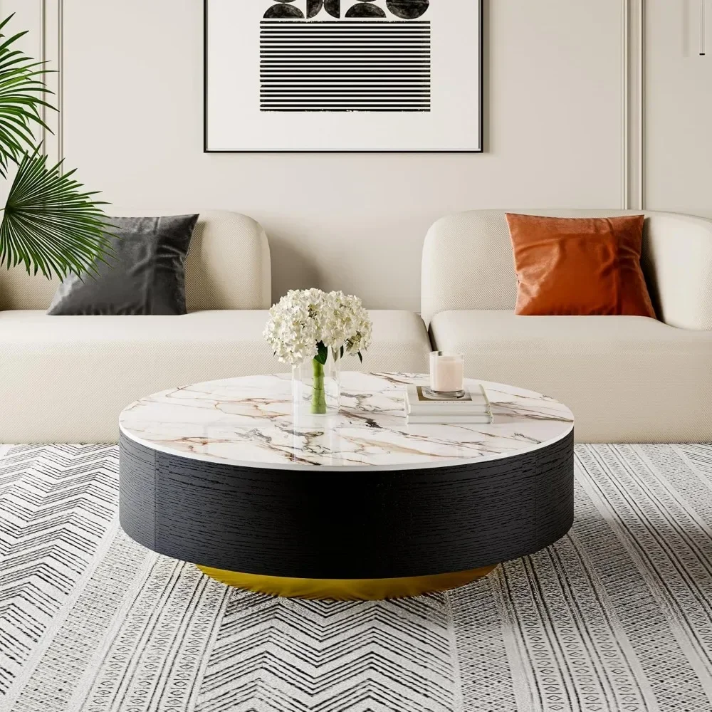 

Modern circular living room table with storage space, stone topped coffee table with drawers, oak veneer, fully assembled