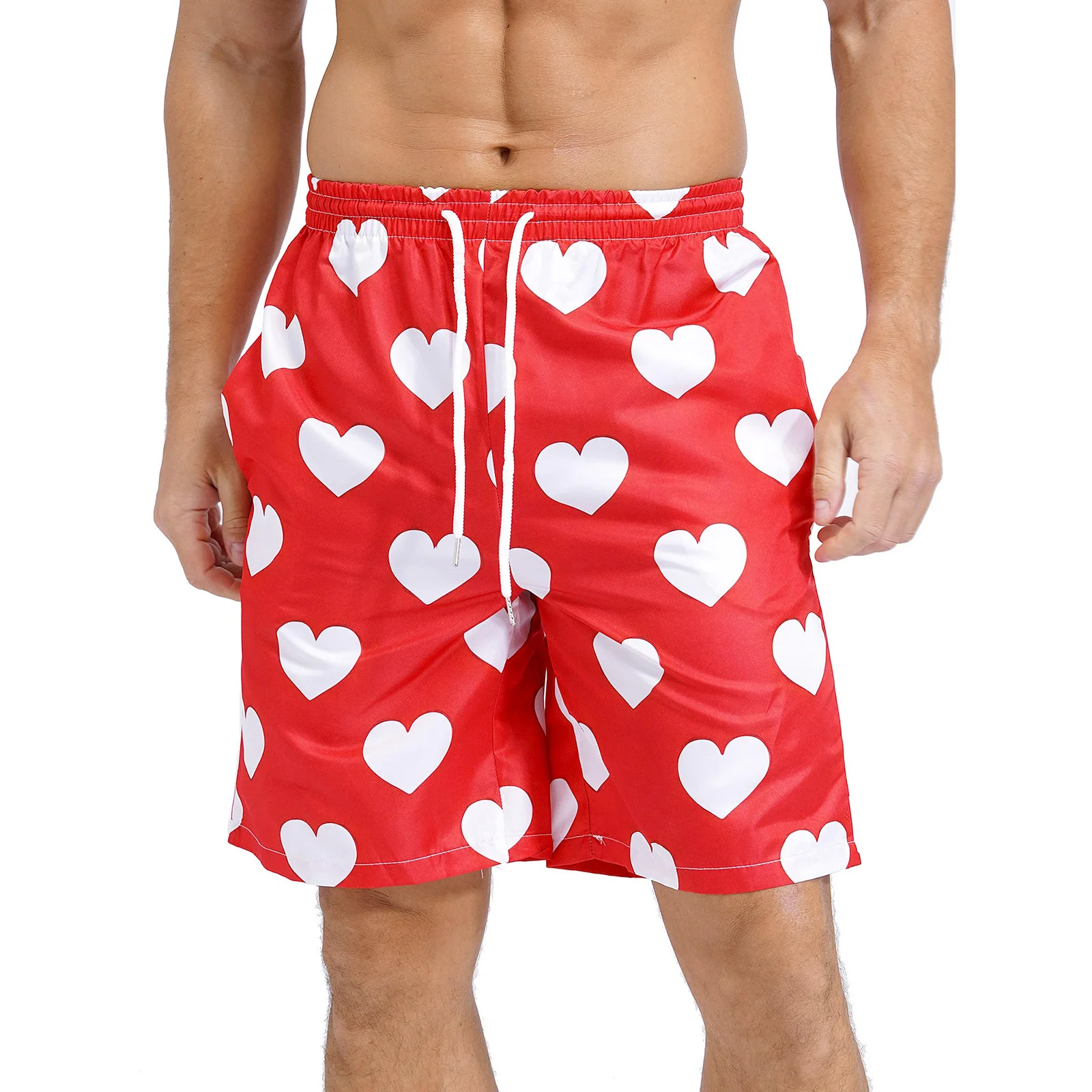 Heart Printed Shorts Hawaii Clothes Male Loose Short Pants Drawstring Elastic Waistband Trunks Vacation Beach Pool Party Moto