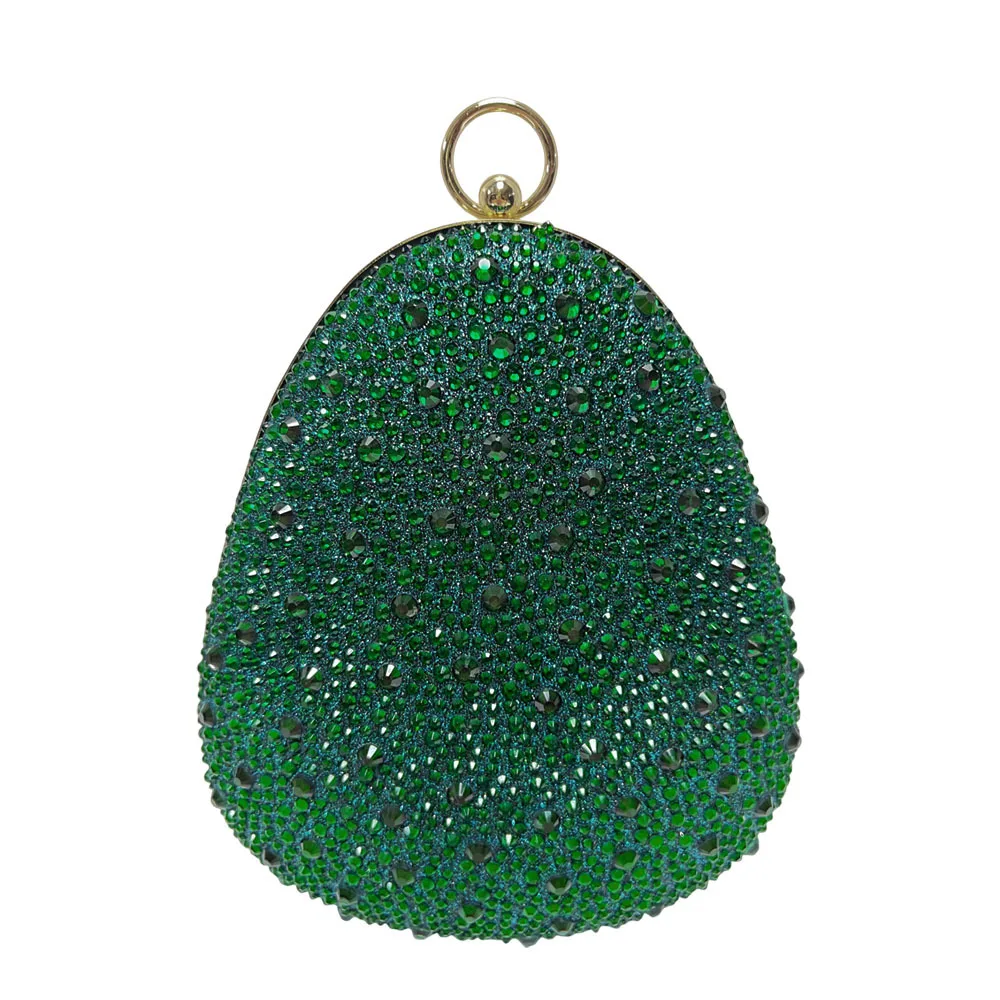 Emerald Green Full Rhinestone Teardrop Clutch Bag Crystal Round Ring Lock Evening Handbag Luxury Formal Party Purse Mature Women