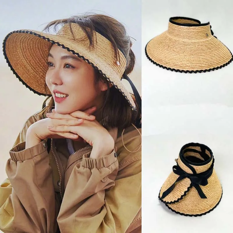 

New Franch Style Light Luxury Nature Straw Hat Large Size Brim Sunproof Empty Top Hat Summer Women Outing Foldable Beach Hat