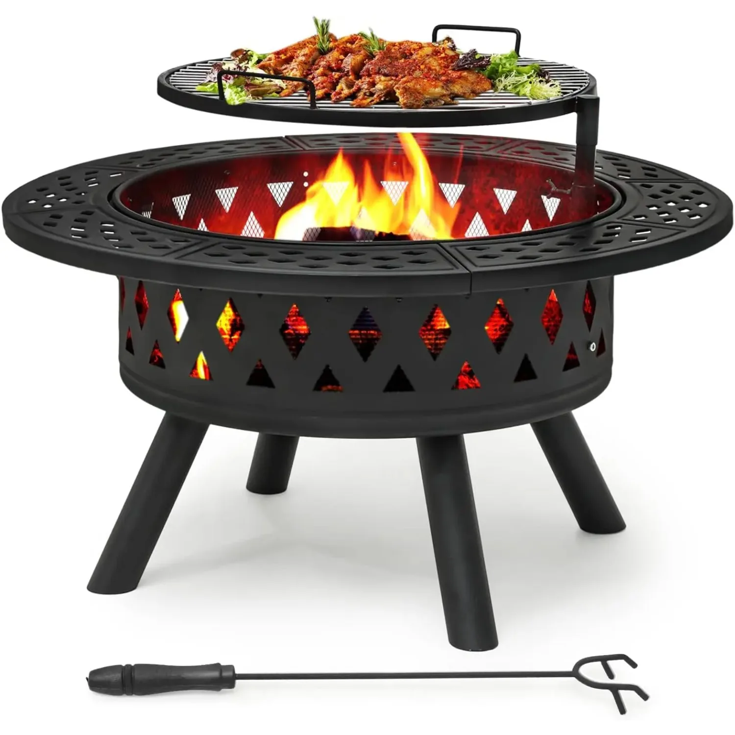 

38 Inch Fire Pit for Outside, Outdoor Wood Burning Fire Pit Iron Firepit Bowl Stove Round Fireplace, with 360° Swivel Grill