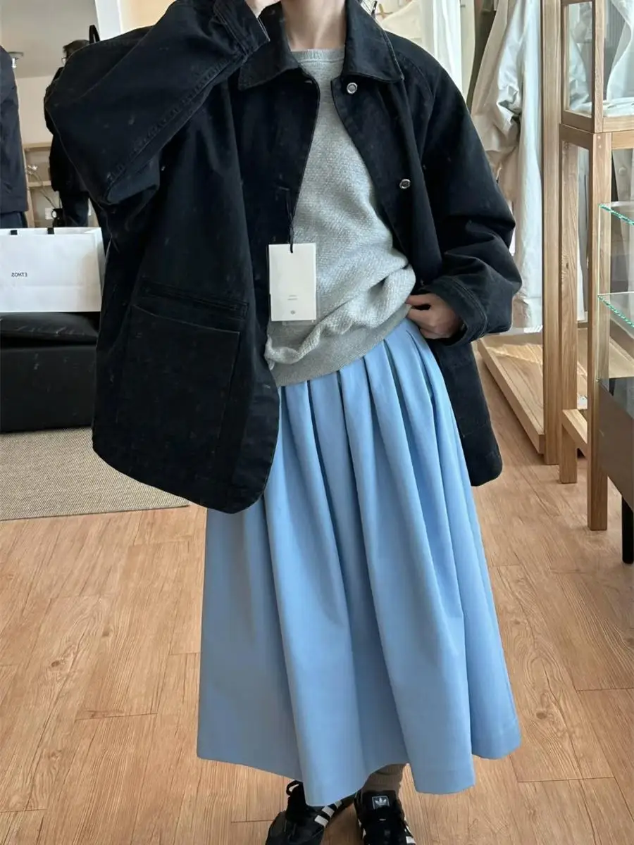 ゆったりとした女性用デニムジャケット、2025年春、ヴィンテージ風、通勤用、シングルピース、ロング丈、襟付き、ボタン留め