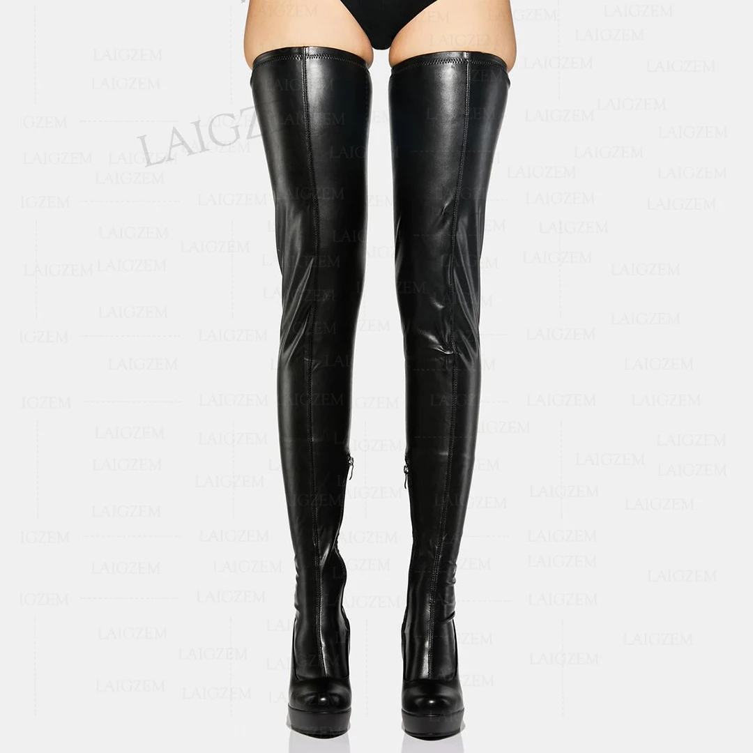 SEIIHEM Women Thigh High Boots Elastic Side Zip Up Platform Wedges Faux Leather Over Knee Boots Shoes Woman Big Size 42 45 48