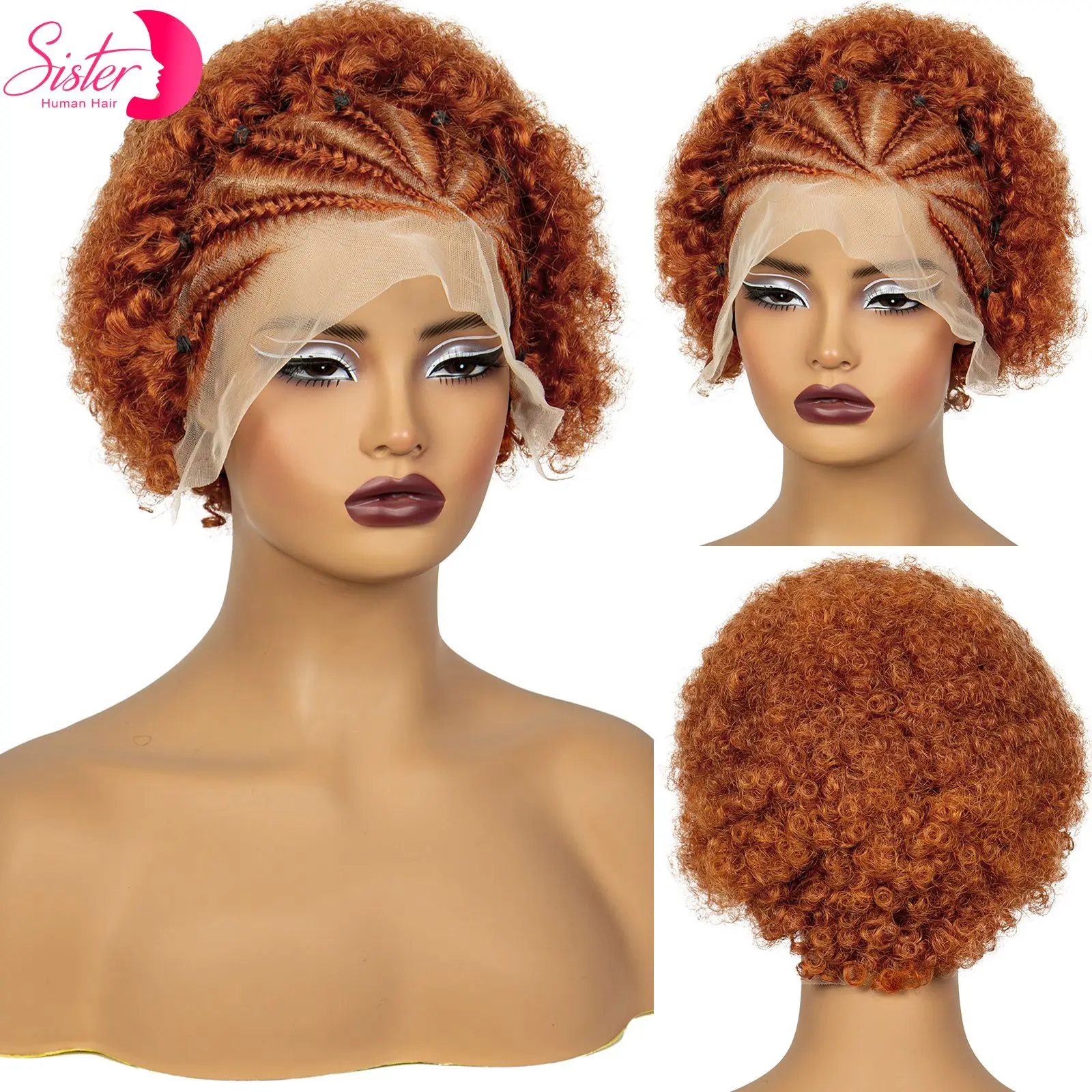 350# Ginger Orange Afro Kinky Curly Human Hair Wig with Cornrow Braids 13x4 Transparent Lace Front Short Curly Bob Wig for Women