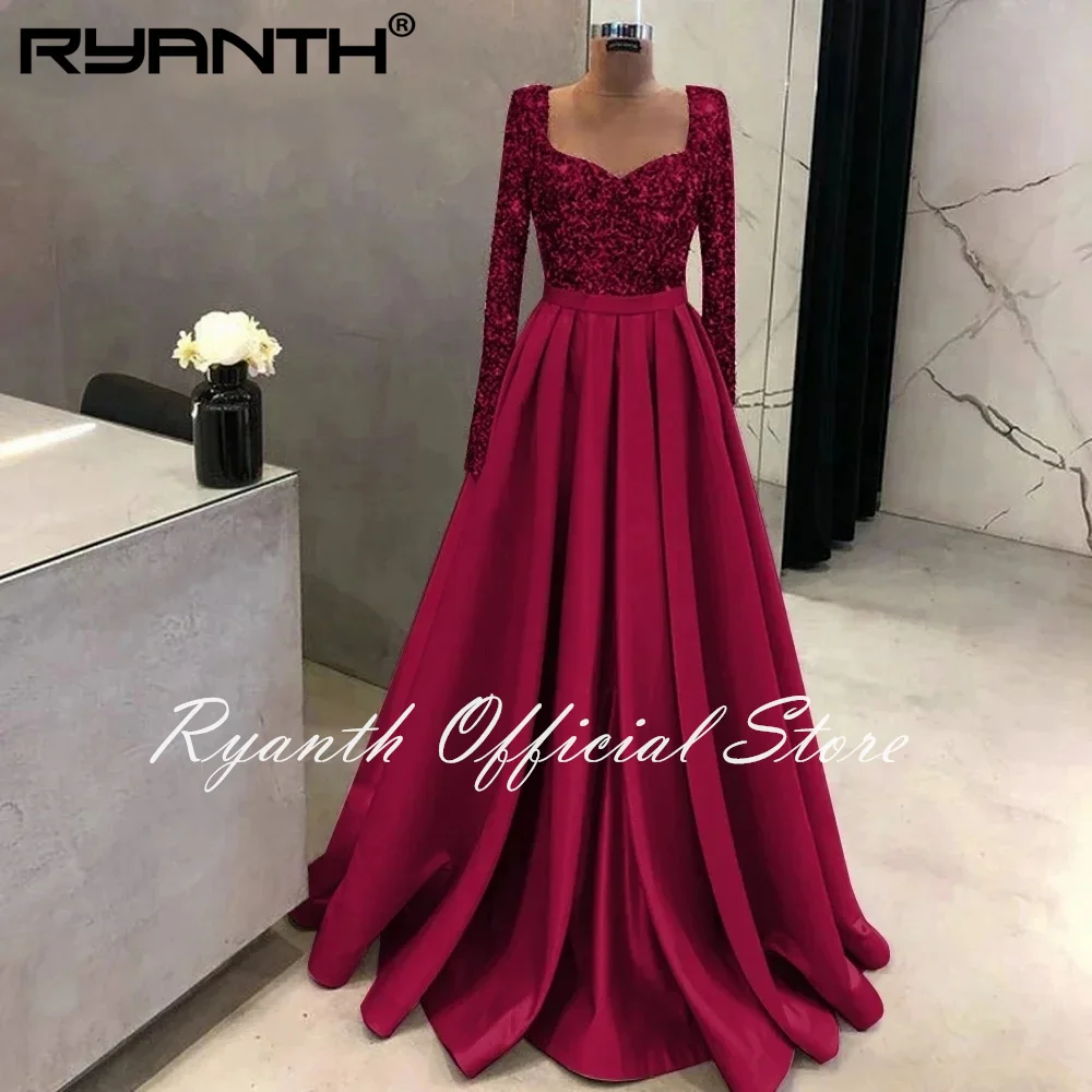 Elegant Muslim Sequin Evening Night Dresses for Women 2024 Long Sleeves Sweetheart Aline Satin Wedding Prom Formal Party Dresses