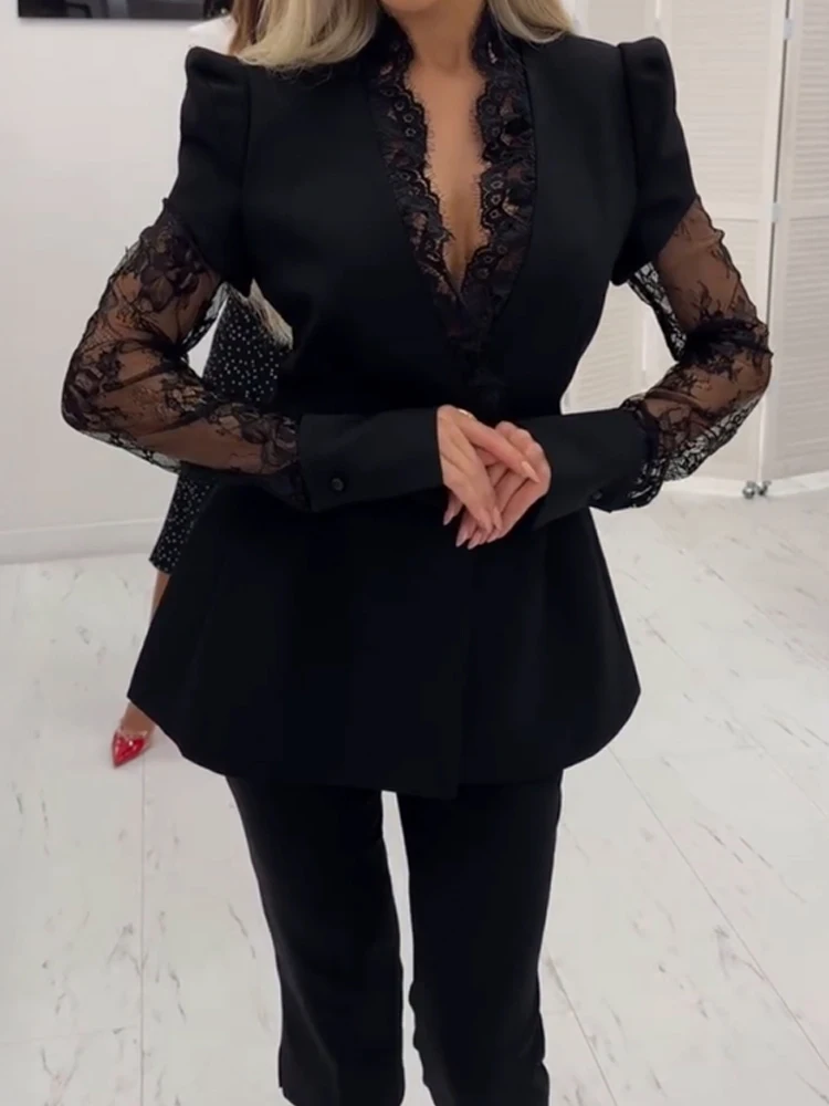 رمش الدانتيل تقليم العميق الخامس الرقبة نفخة الأكمام معطف السترة واحدة الصدر #2