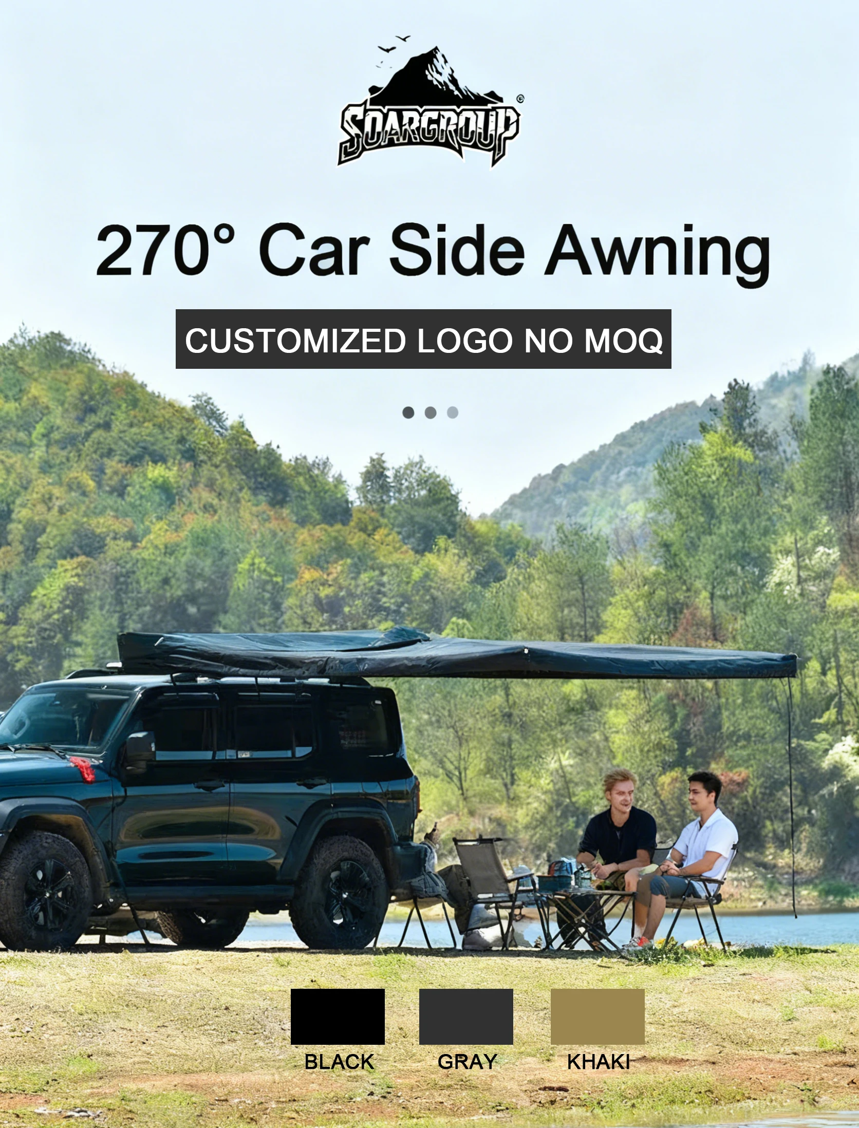 2M 270 Degree Waterproof 600D Oxford Car Rooftop Tent Free-Standing With D-Zipper 270 AWning D Hole Touring Caravan Cover
