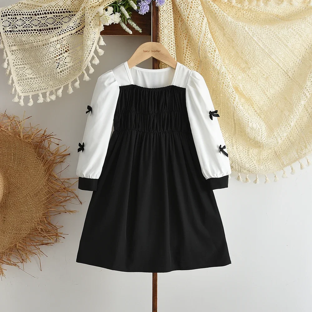 

Autumn New 3-7 Year Old Bow Decoration Long Sleeved Girls' Casual Dress with Black and White Patchwork Cute Children's Clothes