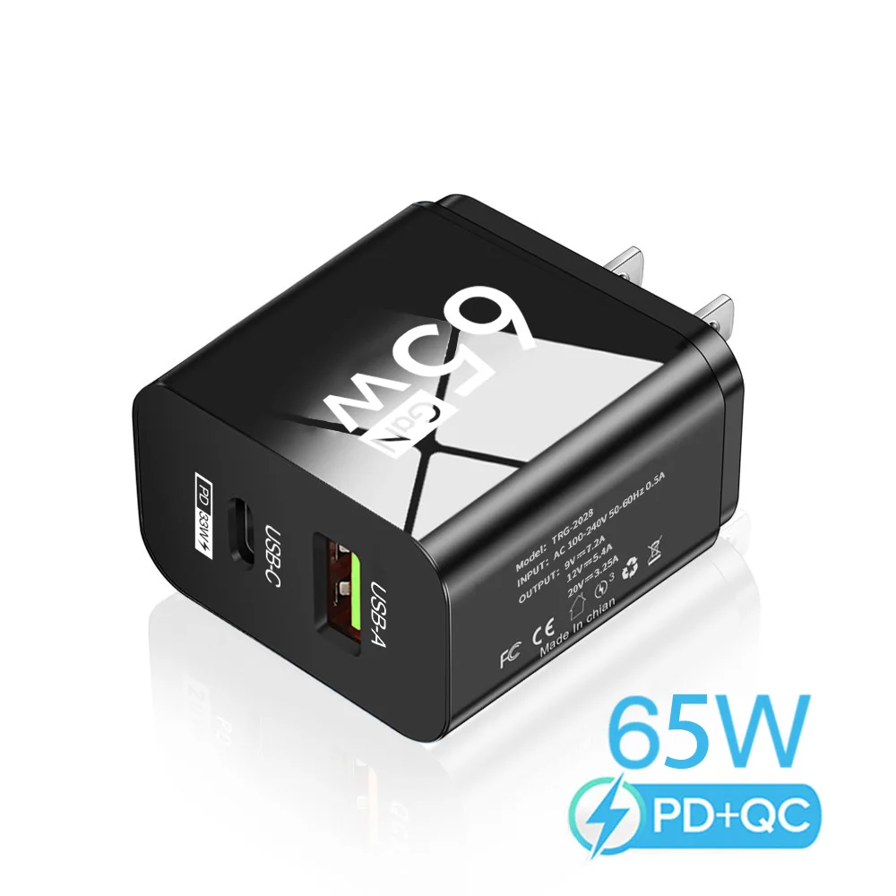 65W GaN Schnellladegerät USB-C USB-A Dual-Port PD3.0 Quick Charge Adapter für iPhone Samsung Xiaomi Laptop EU US Stecker Reise