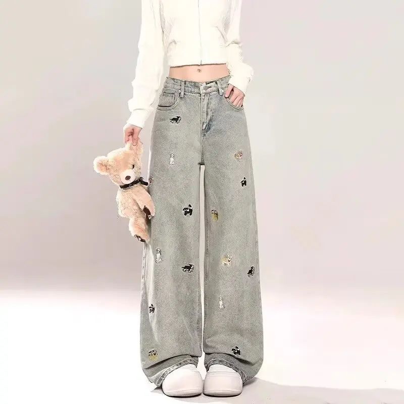 

Large-sized Black Dog-embroidered Jeans for Women Spring New Fashionable High-waisted Straight-leg Loose Slimming Wide-leg Pants