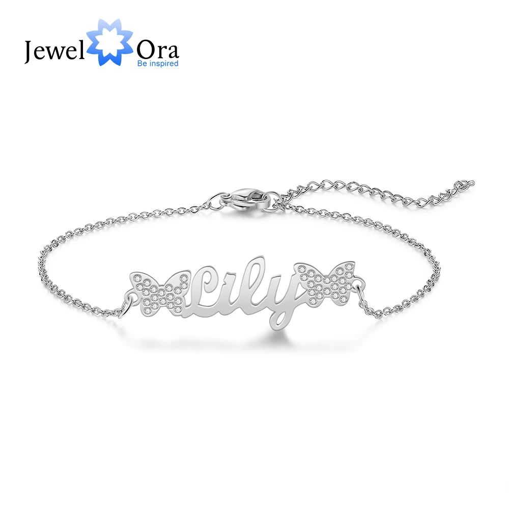 JewelOra Personalized 925 Sterling Silver Bracelets Customized Nameplate with Two butterflies Bracelet For Christmas Gift