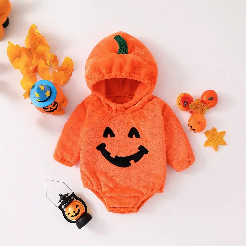 Newborn Infant Baby Boys Girls Pumpkin Costume Romper Orange Hooded Plush Bodysuit Green Stem Halloween Set 0 24M