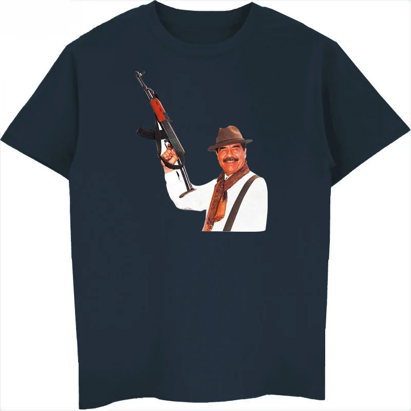 heavyweight Informal Saddam Hussein AK-47 Print 41 Shirt Iraq Army Armed Forces  Men Short Sleeve O-neck Shirt Cool Tees Tops