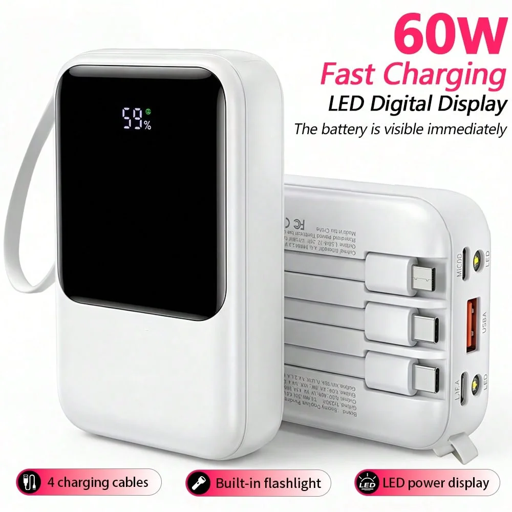 10000mAh Power Bank, Portable Charger with Built-in 4 Cables & LED Flashlight, PD22.5W Fast Charging USB-C Battery Pack, Universal Portable Power for Smartphones, Camping Travel Outdoor Essentials