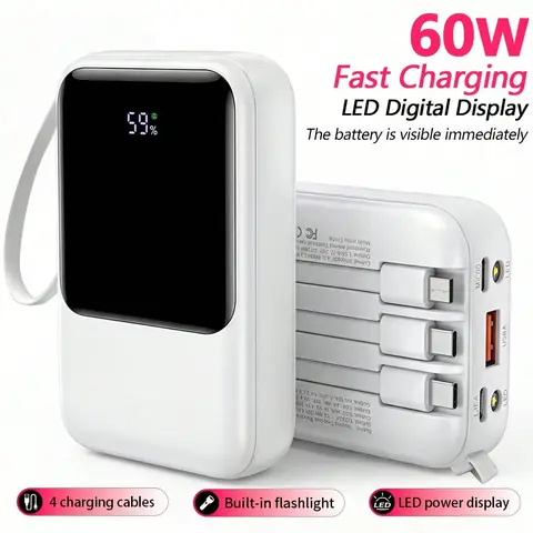10,000mAh Power Bank with Built-In Cables & LED Flashlight for Travel