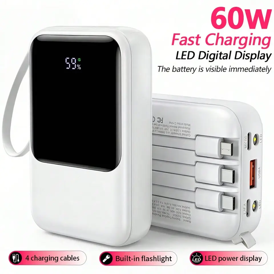 10,000mAh Power Bank with Built-In Cables & LED Flashlight for Travel