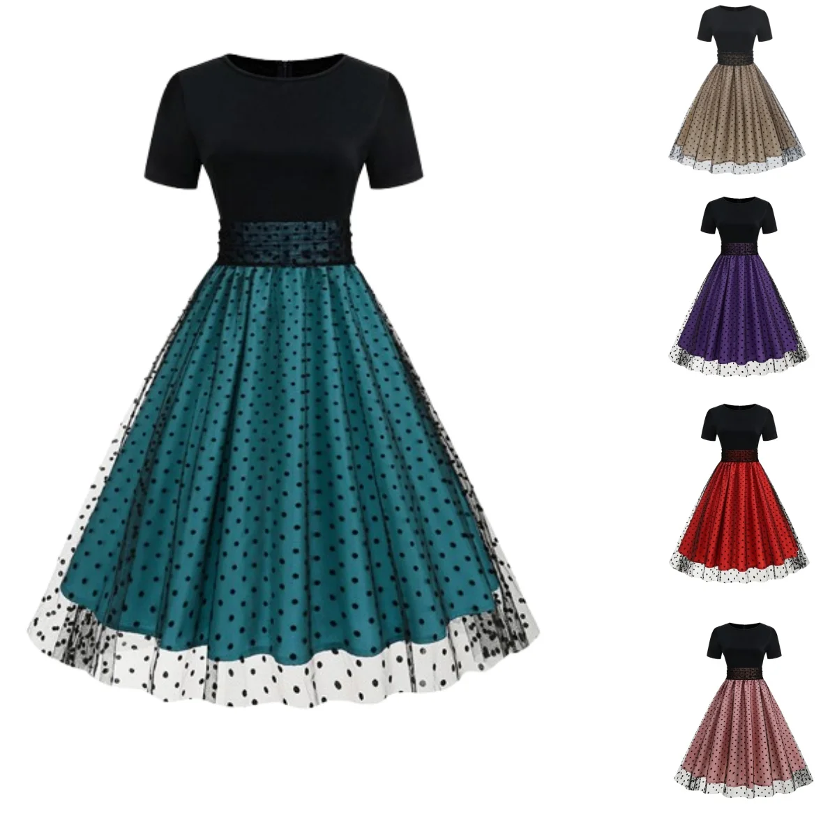 

Vintage Polka Dot Print Dress Elegant Short Sleeve Splice Costume Women's 1950S Retro Rockabilly Dresses