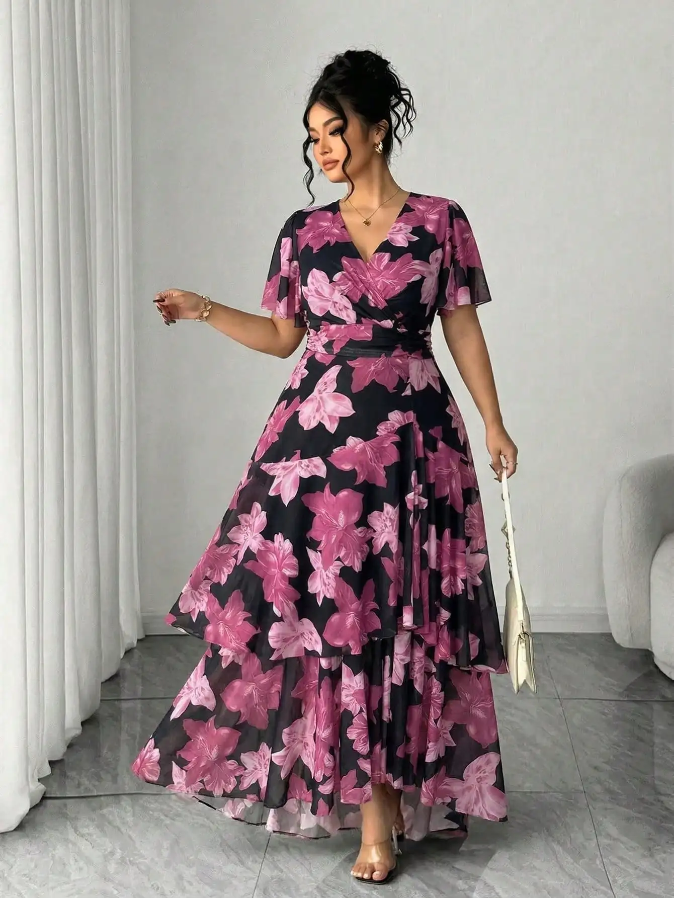

Pink Floral Plus Size Maxi Dress With V-Neck, Short Sleeves, Wrap Waist, Tiered Skirt And Flared Hem For Elegant Events