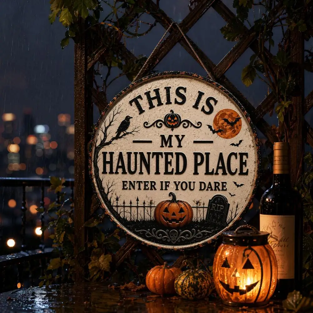 Metal Door Decoration Halloween Door Sign Metal Wall Art Haunted Place Decorative Hanging Plaque Festival Home Decor for Spooky