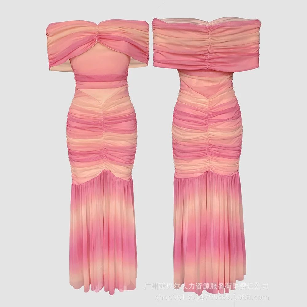 Abiti da donna Abito plissettato Sfumato Sheer Slash Neck Lunghezza pavimento Vita stretta Leggero Strech Slim Elegante Party 2025 Autunno