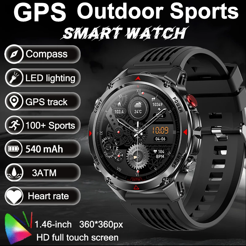 2026 New Outdoor Sports GPS Smartwatch LED Flashlight GPS Track Compass Altimeter 540MAH 3ATM Waterproof BT Call Smartwatch Men