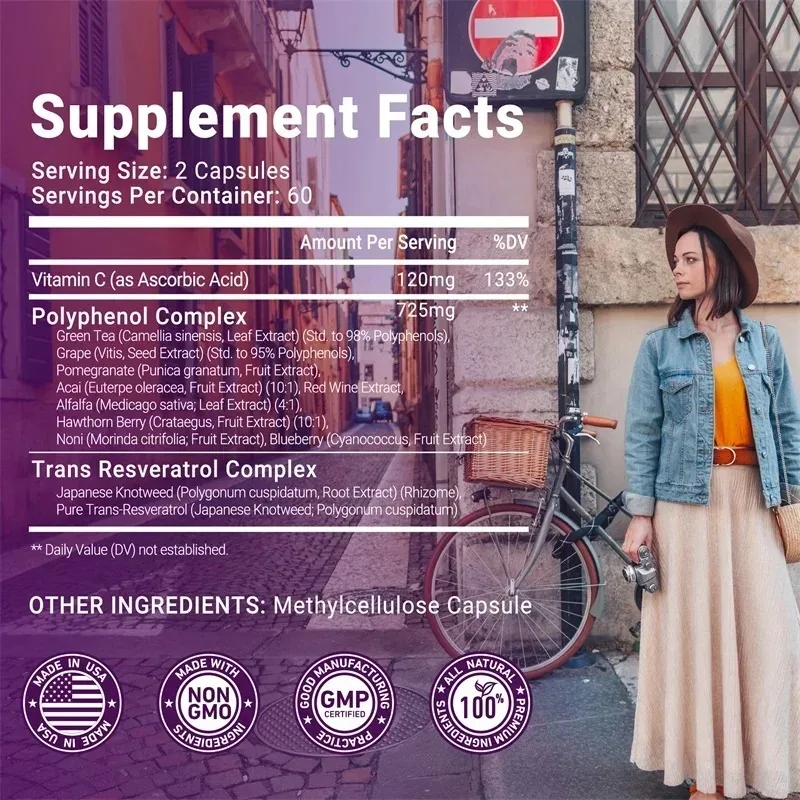 Resveratrol Capsules - Antioxidant Supplement - Balances Body Energy, Supports Skin, Cell, Brain, Immune