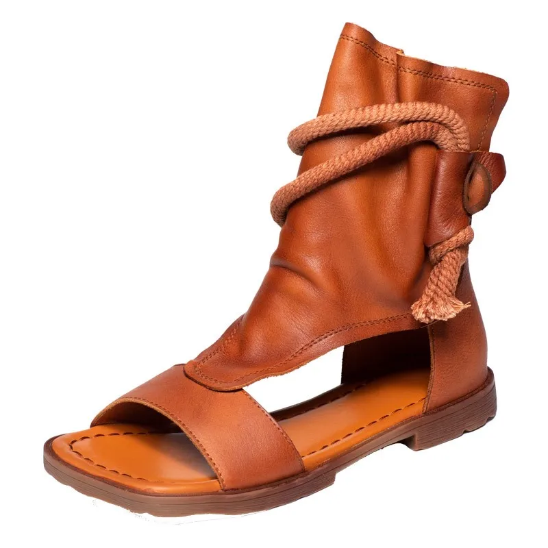 New Style Stringed Back Zipper Comfortable Flat Bottom Retro Soft Leather Low Heel Openwork Breathable Roman Sandal for Women