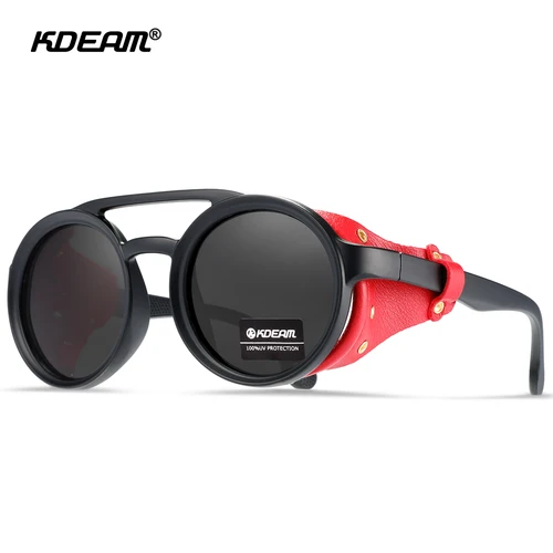 KDEAM gafas de sol polarizadas redondas para hombres y mujeres, gafas de sol con escudo de cuero suave, gafas Retro con estuche con cremallera de calavera KD0418