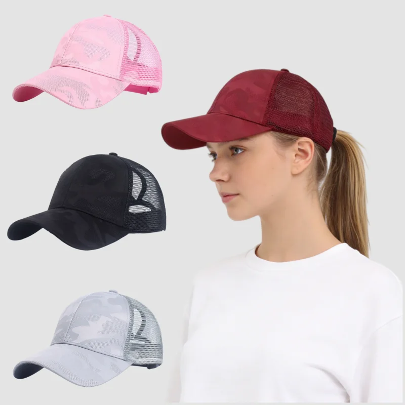 Gorra de béisbol de malla camuflada para mujer, ajustable, con orificio para coleta, ligera, para corredoras y excursionistas, 1 unidad