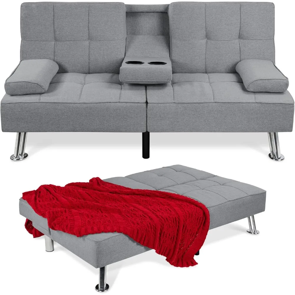 

Reclining Sofa Bed，Linen Modern Folding Futon, for Apartment, Dorm W/Removable Armrests, 2 Cupholders - Gray