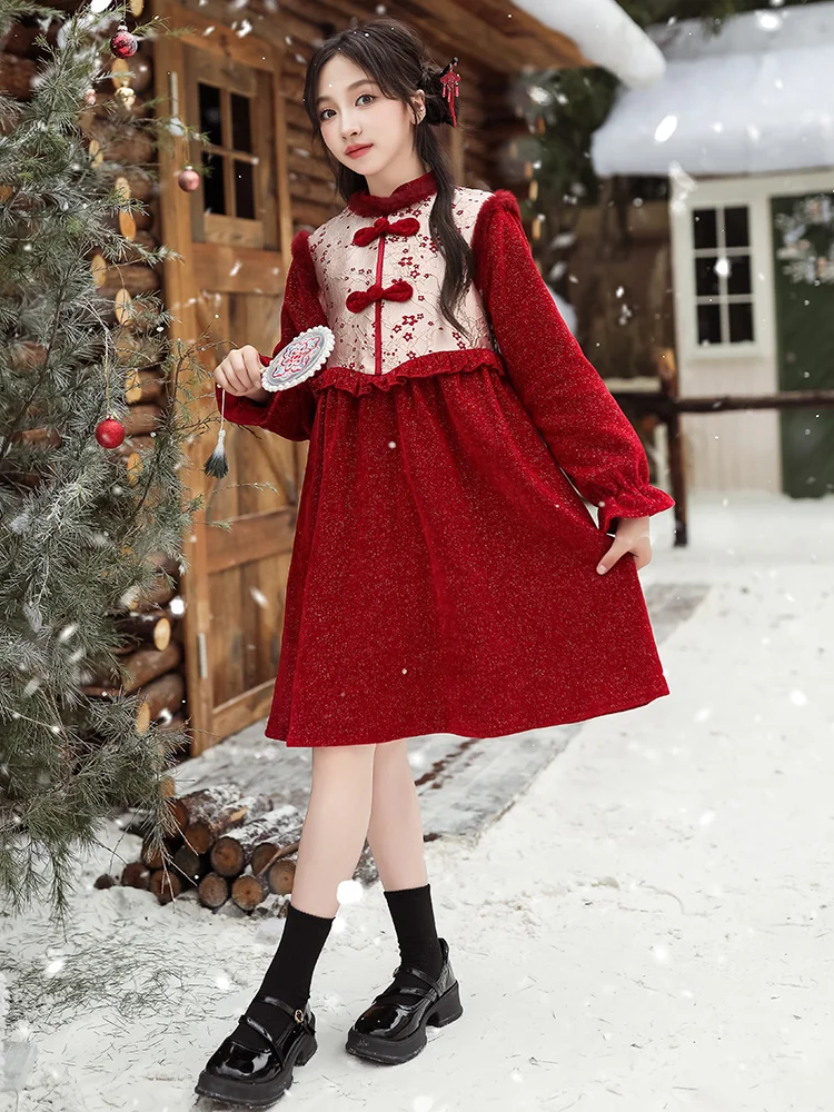 

Girls Velvet Dress Skirt New Year Visit Clothes Long Sleeve Children's Fashionable Dress Autumn Winter New Arrival Kids Outfits