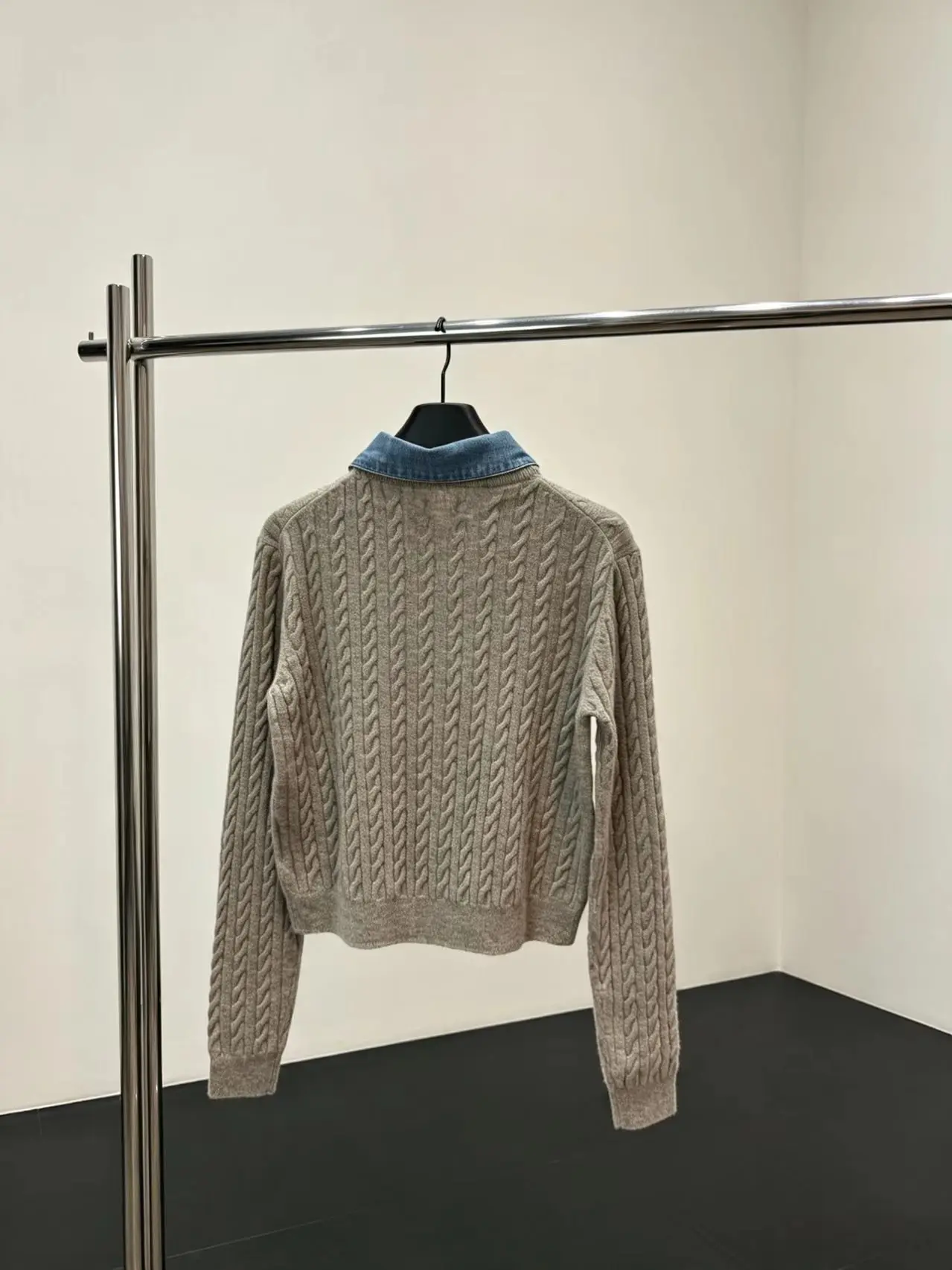 New French style denim fake collar twisted flower knitted cardigan with detachable lapel and short oat colored sweater jacket