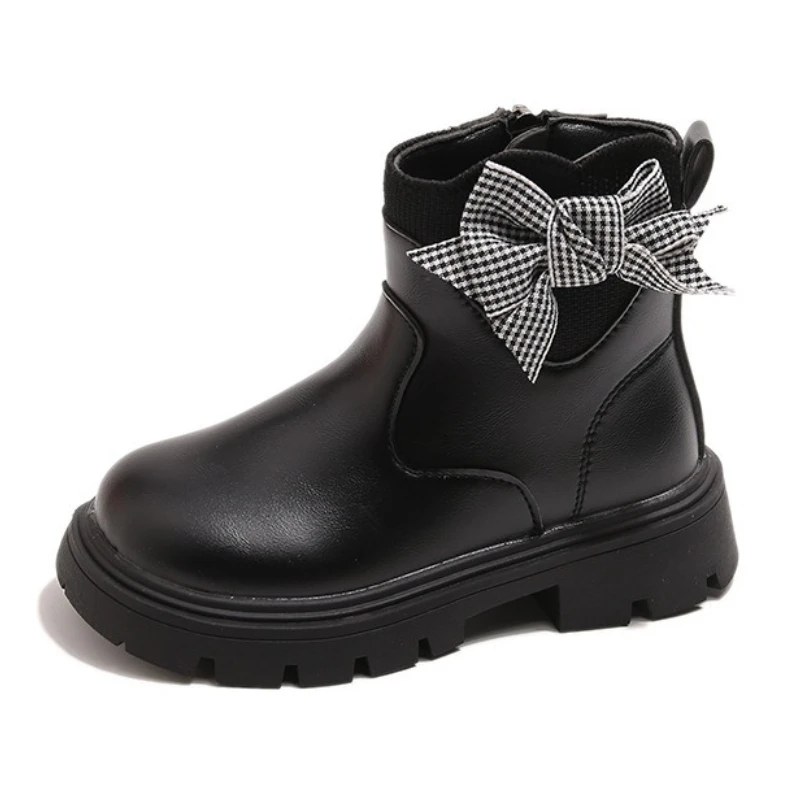

Осенне-зимние модные ботильоны с бантом для девочек, теплые кожаные полусапожки принцессы, удобные детские ботинки на нескользящей мягкой подошве