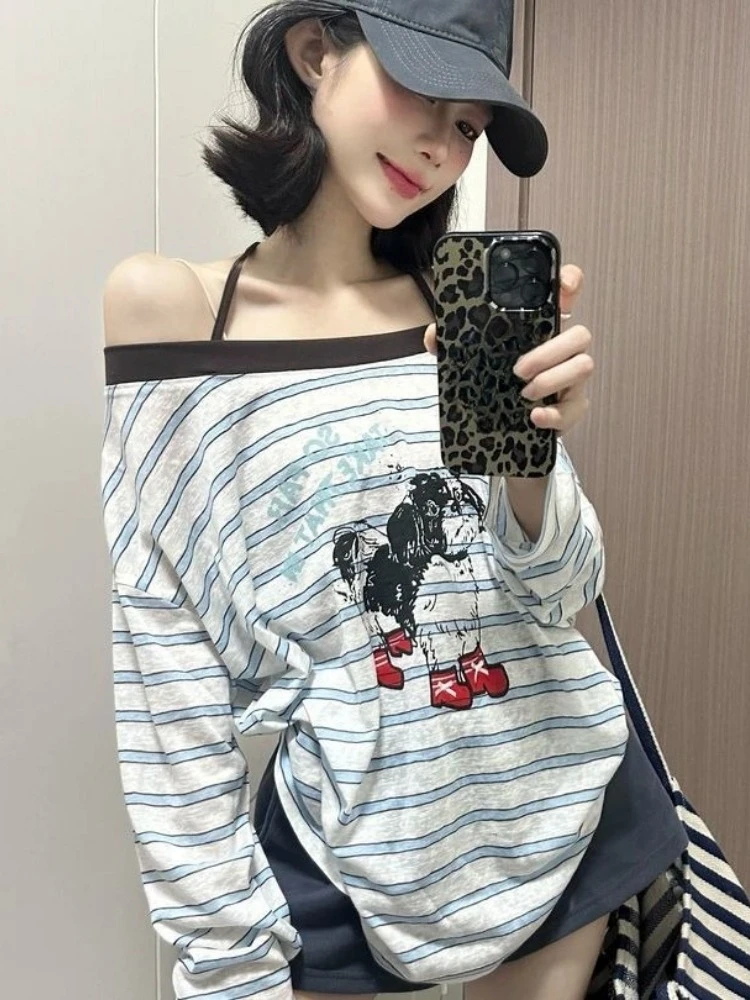 

Summer Sun Protection Slash Neck Stripe Tops Y2k Aesthetic Casual Cartoon Printing ​Grunge Tshirts Women Loose Vintage T-shirt