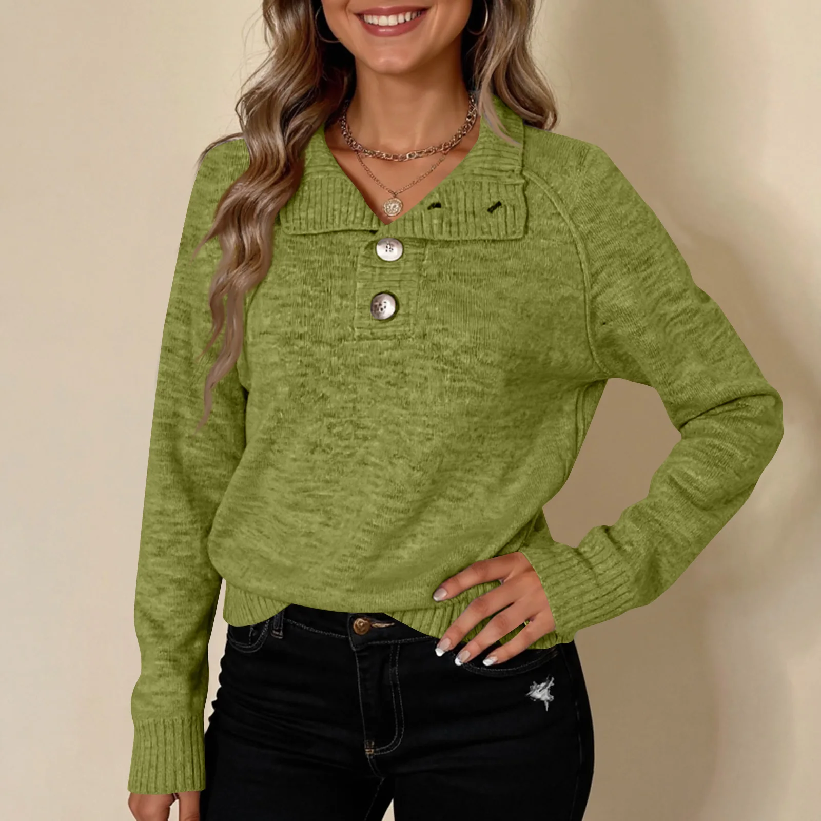 여성용 캐주얼 스탠드 칼라 니트 스웨터 단색 버튼 캐주얼 루즈 스웨터 여성 의류 여성 스웨터