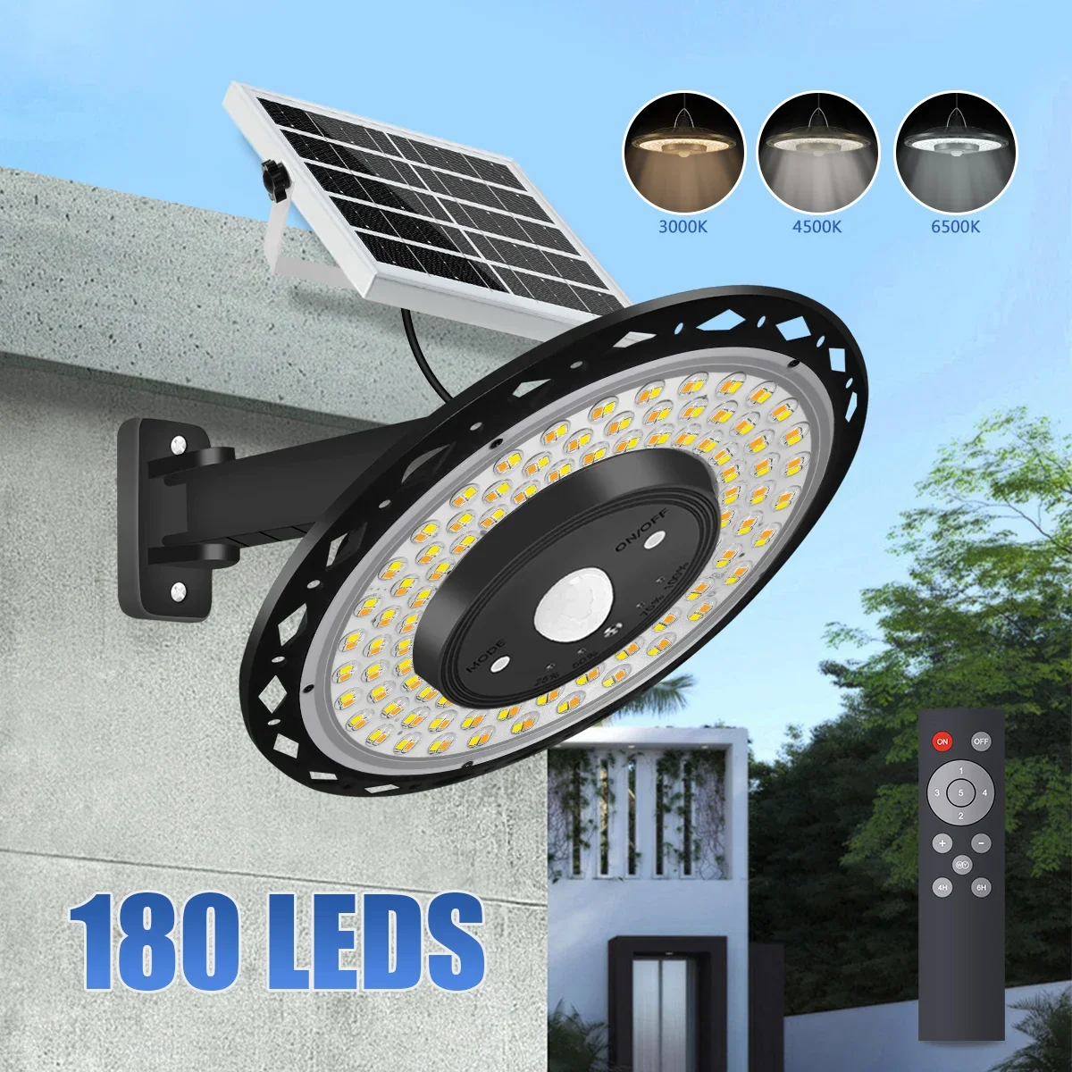 Round Solar Light Outdoor Waterproof IP65 LED Wall Lamp Remote Control Motion Sensor Chandelier for Garden Warehouse Garage Door