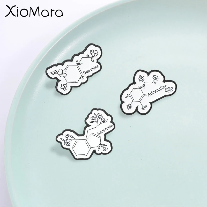 Floral Chemical Molecule Badge,Serotonin Dopamine Adrenaline Molecular Structure Brooch,Fashion Accessory,Gift for Science Lover